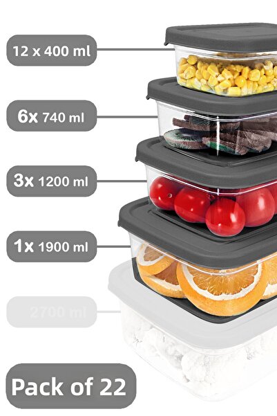 Meleni Home Rectangular Food Container Set of 22 Suitable for Microwave - Organizer Gray