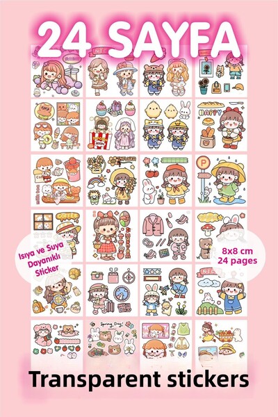 Piksel Sticker 24 Sheets Kawaii Transparent Water Resistant Sticker Set- Planner Laptop Phone Notebook Label