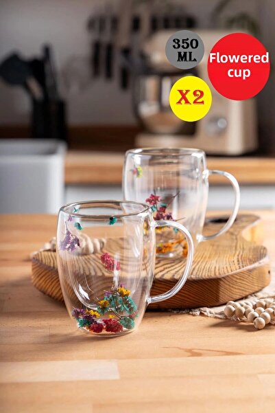 Rosemor Set of 2 Double Walled Flower Cups Coffee Tea Cup Flower Cup 350ml Handmade Glass Cup with Handle