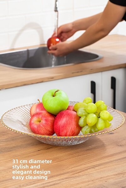 Porsima 31016 Newyork Gold Gilded Glass Fruit Bowl Presentation Bowl Salad Bowl 31 cm