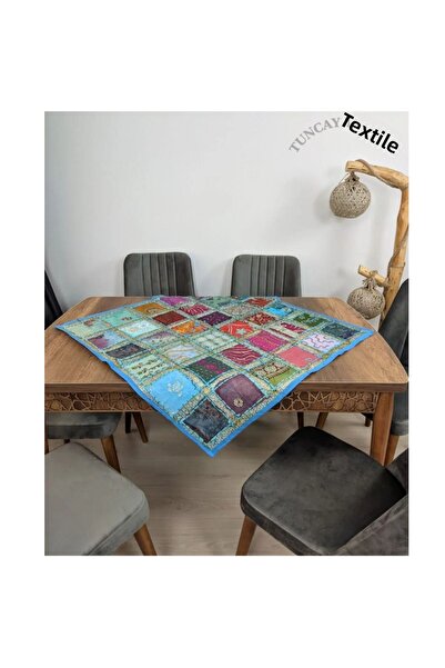 TUNCAY TEKSTİL Indian Work Mixed Color Patch Runner Blue Decorative Cover Sequin Handcrafted Forty Patch Ranir Table Cloth