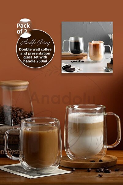 Anadolu Saray 2 Heat Resistant Borosilicate Double Stones 250ml Cup with Handle | Coffee and Presentation Cup