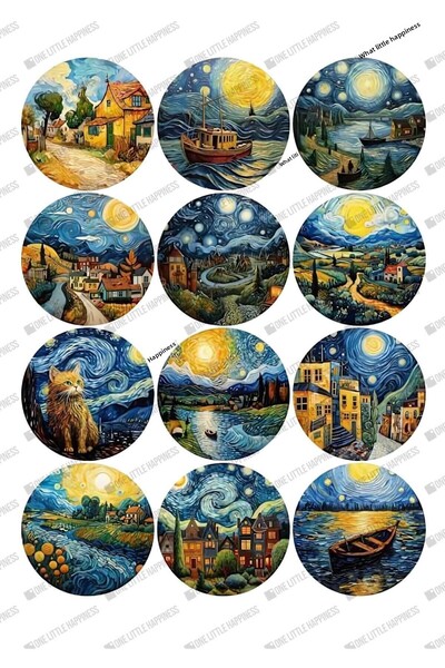 One Little Happiness مجموعة ملصقات مستديرة مكونة من 12 قطعة بطابع فان جوخ - م...