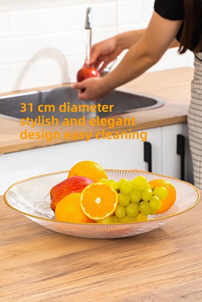 Porsima 31581 Capira Gold Gilded Glass Fruit Bowl Presentation Bowl Salad Bowl 31 cm