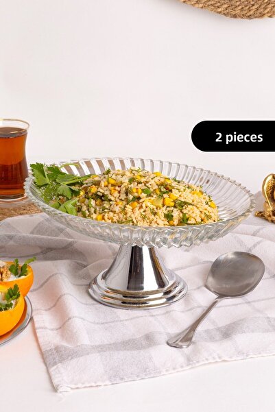Fiyakalı Ürünler Atölyesi 2-Piece Silver Footed Ellipse and Square Glass Presentation Holder, Wrap, Fountain, Salad, Fruit, and Cake Stand, Dowry Holder