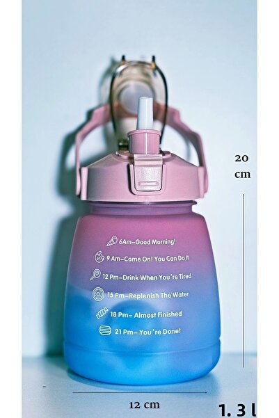 Bonjour 1.3 Lt Motivational Water Bottle with Straw and Lock and Leak-Proof Lid - Camping School Flask