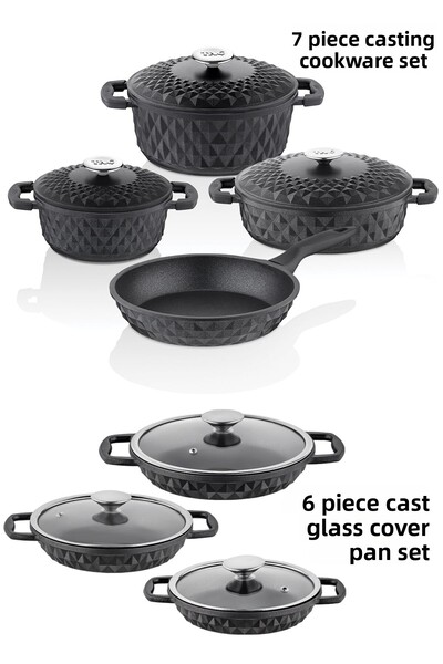 Taç طقم وعاء ومقلاة بغطاء مصبوب مكون من 13 قطعة