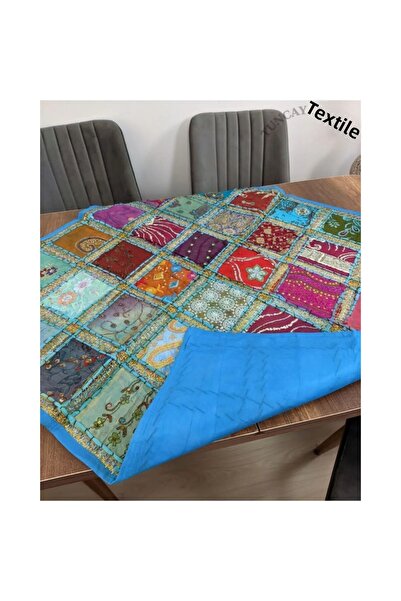 TUNCAY TEKSTİL Indian Work Mixed Color Patch Runner Blue Decorative Cover Sequin Handcrafted Forty Patch Ranir Table Cloth