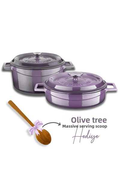 Organik Hayat Dostu Lava Casting Round Deep and Shallow 5 Piece Pot Set with Wooden Spoon Gift