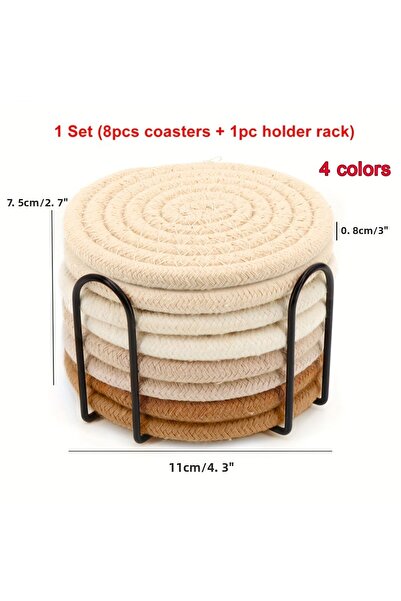 Choice قطر 11 سم، 8 قطع، مجموعة قواعد أكواب منسوجة مع حامل، قواعد أكواب مقاومة للحرارة العالية، تمتص