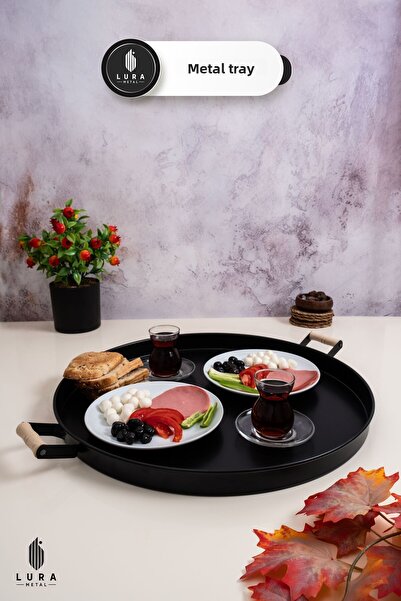 Skygo 50 cm Metal Coffee and Tea Presentation Tray with Black Wooden Handles - Breakfast Tray Stylish Durable Design