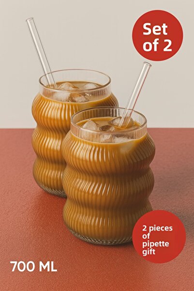Open Home Concept 2 Piece Set Glass Iced Cold Coffee Glass + Glass Straw Gift 700 ml