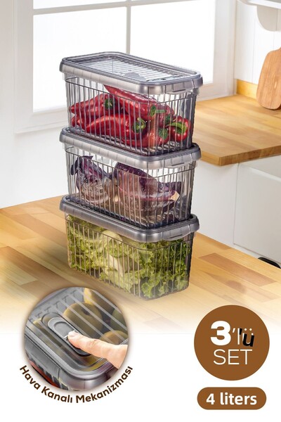 Vienev Set of 3 Self-Striped Storage Containers with Lockable Lid 4 Liters