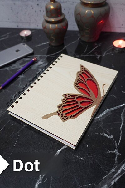 markcat Butterfly Themed Dotted Notebook with Wooden Cover - Agenda and School Notebook (A5 - 120 Pages)