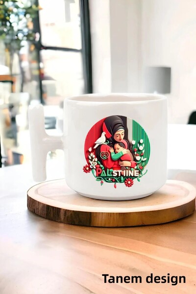 Tanem Tasarım كوب تي شيرت فلسطين مطبوع بتصميم - كوب غازيا وكودوس ماسكيد-آي أكسا