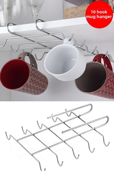 FırsatVar Metal Cup Hanger Rack with 10 Hooks under Cabinet Organizer Mug Cup Hanging Bracket