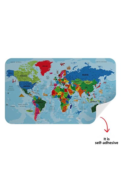 Harita Sepeti Turkish Educational Country And Capital Ocean Detailed Atlas Decorative World Map Wall Sticker-3866