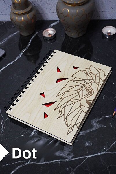 markcat Lion Themed Dotted Wooden Cover Notebook - Agenda and School Notebook (A5 - 120 Pages)