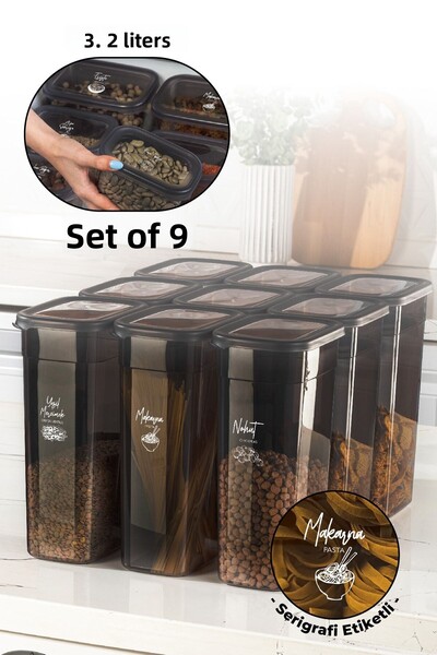 Vienev Set of 9 with White Screen Printing Label Peggy Long Rectangular Storage Container with Transparent Lid 3.2 Liters