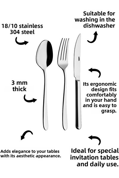 Rollers Vizyon 18 Piece Dessert Fork Spoon Knife Set for 6 People