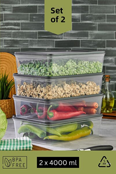 Espas Home مجموعة من حاويتين لتخزين الطعام مناسبتين للاستخدام في الميكروويف والفريزر العميق - رمادي / 2*4000 مل