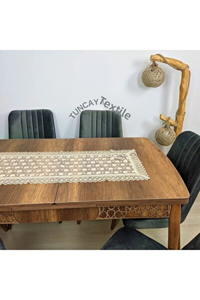 TUNCAY TEKSTİL Daisy Pattern Laced Polyester Runner Ranir Coffee Table Tablecloth French Guipure Cover Brown