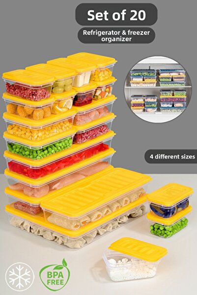 Meleni Home 20 Pieces Microwave Compatible Organizer Storage Container - 1X2400Ml 4X1170Ml 4X600Ml 11X240Ml Yellow