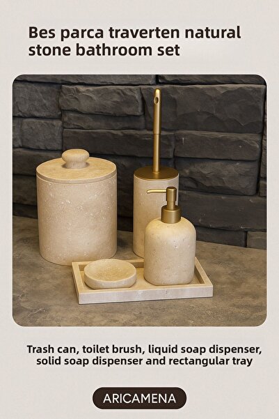 Polen Stone طقم حمام من الحجر الطبيعي الترافرتين مكون من خمس قطع – حجر بولين