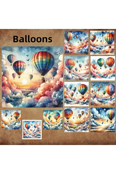 Pink Swan Craft Vintage Hot Air Balloons - Σετ αυτοκόλλητων Scrapbook 12 τμχ