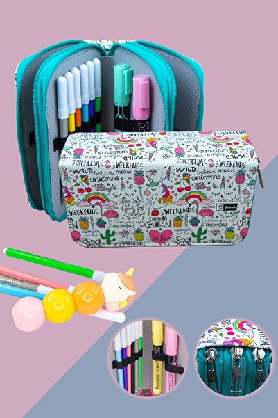 OneSize مقلمة الملكة يونيكورن كاواي من الجلد النباتي بثلاثة أقسام (حامل قلم)