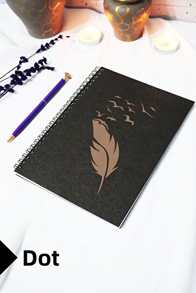 markcat دفتر ملاحظات A5 بغطاء كرافت أسود بطابع ريش الطيور - دفتر ملاحظات منقط...