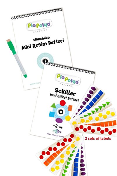 piapolya Mini Notebook Set| Erasable Painting Book and Black Pen| Shapes Sticker Book and Labels