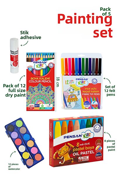 Pensan مجموعة من 5 ألوان جافة - ألوان مائية، قلم لباد، باستيل، لاصق