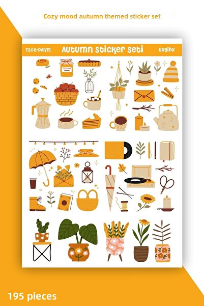 TUGİBU Cozy Mode Autumn Hygge Sticker Set 195 Pieces Decal Label for Agenda, Notebook, Planner