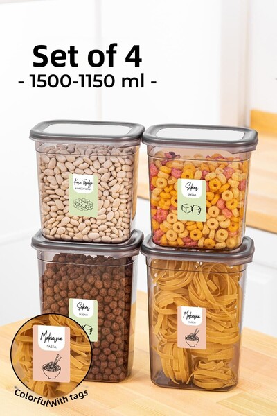 Vienev Set of 4 Peggy Rectangular Storage Containers with Colorful Labels 2x(1500-1150 Ml) Anthracite