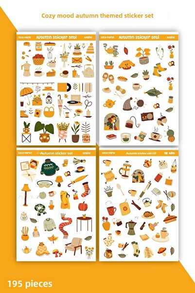 TUGİBU Cozy Mode Autumn Hygge Sticker Set 195 Pieces Decal Label for Agenda, Notebook, Planner