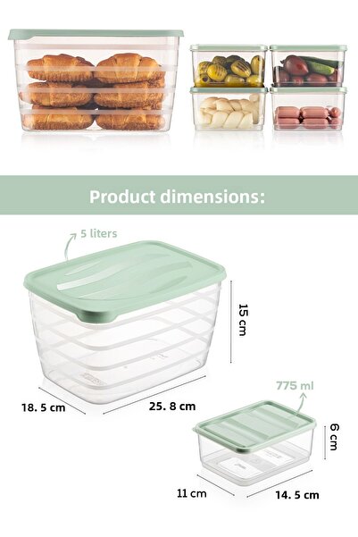 Vienev Set of 5 Freezer and Microwave Safe Refrigerator Organizer 1X(5 Liters) 4X(775 ml) Mint Green
