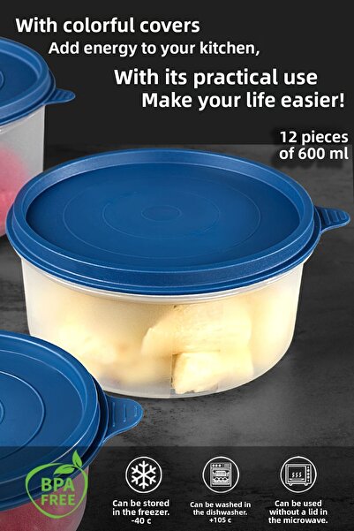 Meleni Home 12-Piece Dark Blue Round Food Storage Set - Food Organizer Container 12X600Ml