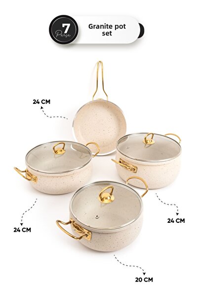 Skygo 7-Piece White Granite Cookware Set - Stylish and Durable Design with Gold Handle Detail