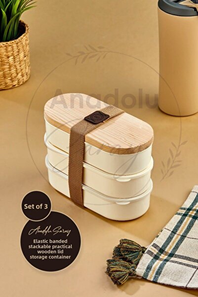 Anadolu Saray 3Pcs Stackable Practical with Elastic Band Wooden Lid Storage C...