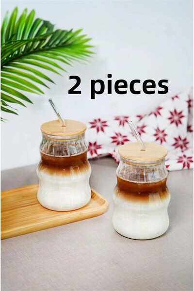 Bayev 2 Pieces 450 ml Auger Bamboo Lid Glass Pinterest Cup with Straw - Borosilicate Presentation Cup 401304