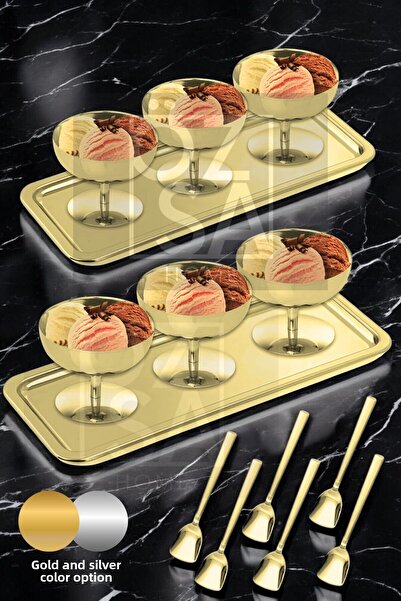ÖzSa Home 6-Person Gold Ice Cream Server Presentation Set Footed Ice Cream De...