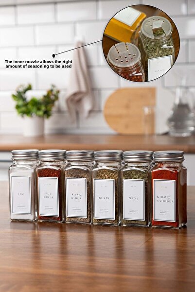 EVLE Set of 6 Glass Spice Jars with Silver Lid and White Label Spice Jar