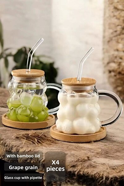 Rosemor 4 Pack Bamboo Lid Bead Grain - 350ml Heat Resistant Glass Straw Coffee Presentation