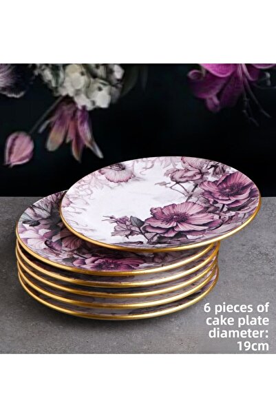 Pinkev Petunia 21 Pieces Ceramic Breakfast Cake Plate Set for 12 People - Kup124P