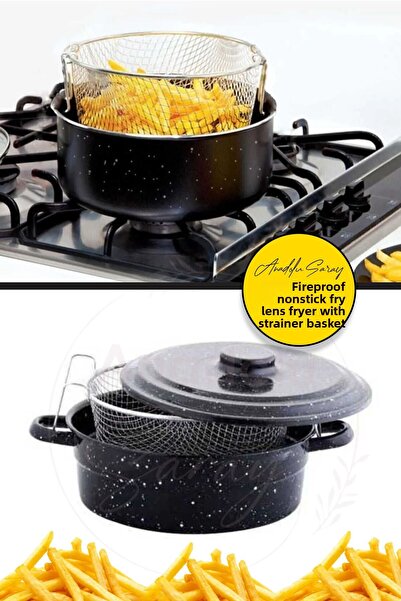 Anadolu Saray Enamel Fryer Frying Pot - Fireproof, Non-Stick, and with Strainer |   Pot with Basket