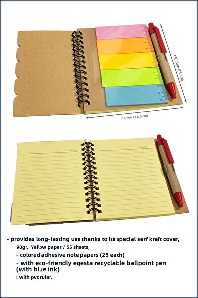 EGESTA دفتر ملاحظات حلزوني مع ورق ملاحظات لاصق ملون قابل للعكس + قلم حبر جاف