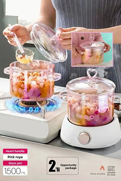 Berdina Home 1500cc Heat Resistant 2-piece Pink Heart Figured Borosilicate St...