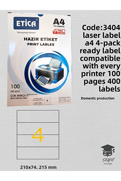 SEYFİKİRTASİYE ملصق ليزر A4 3404 - 4 عبوات جاهزة، متوافقة مع الطابعة، 100 صفح...