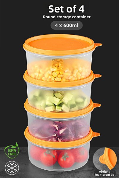 Meleni Home Orange Round Food Storage Set of 4 - Food Container 4X600Ml Organizer Organizer